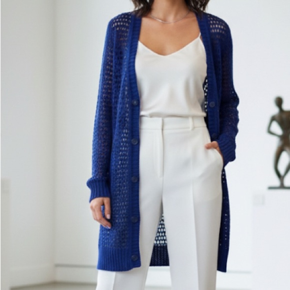 Denim & CO Blue Tunic Long Sleeve Button  Cardigan Size LG